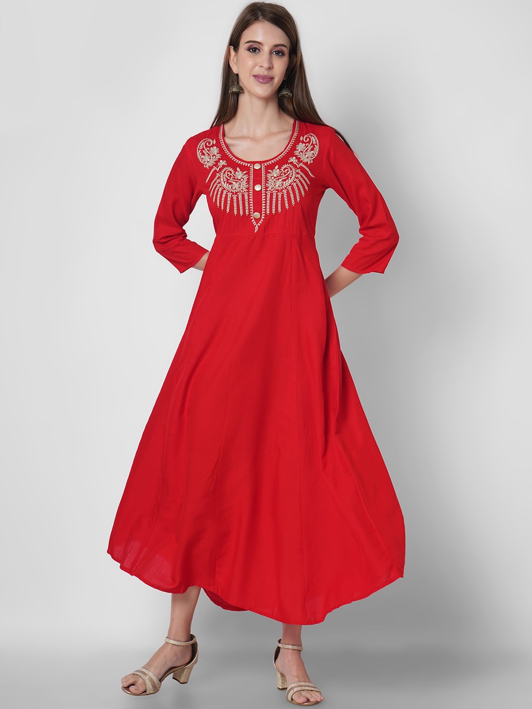 

Sanganeri Kurti Women Red Ethnic Motifs Embroidered Thread Work Handloom Anarkali Kurta