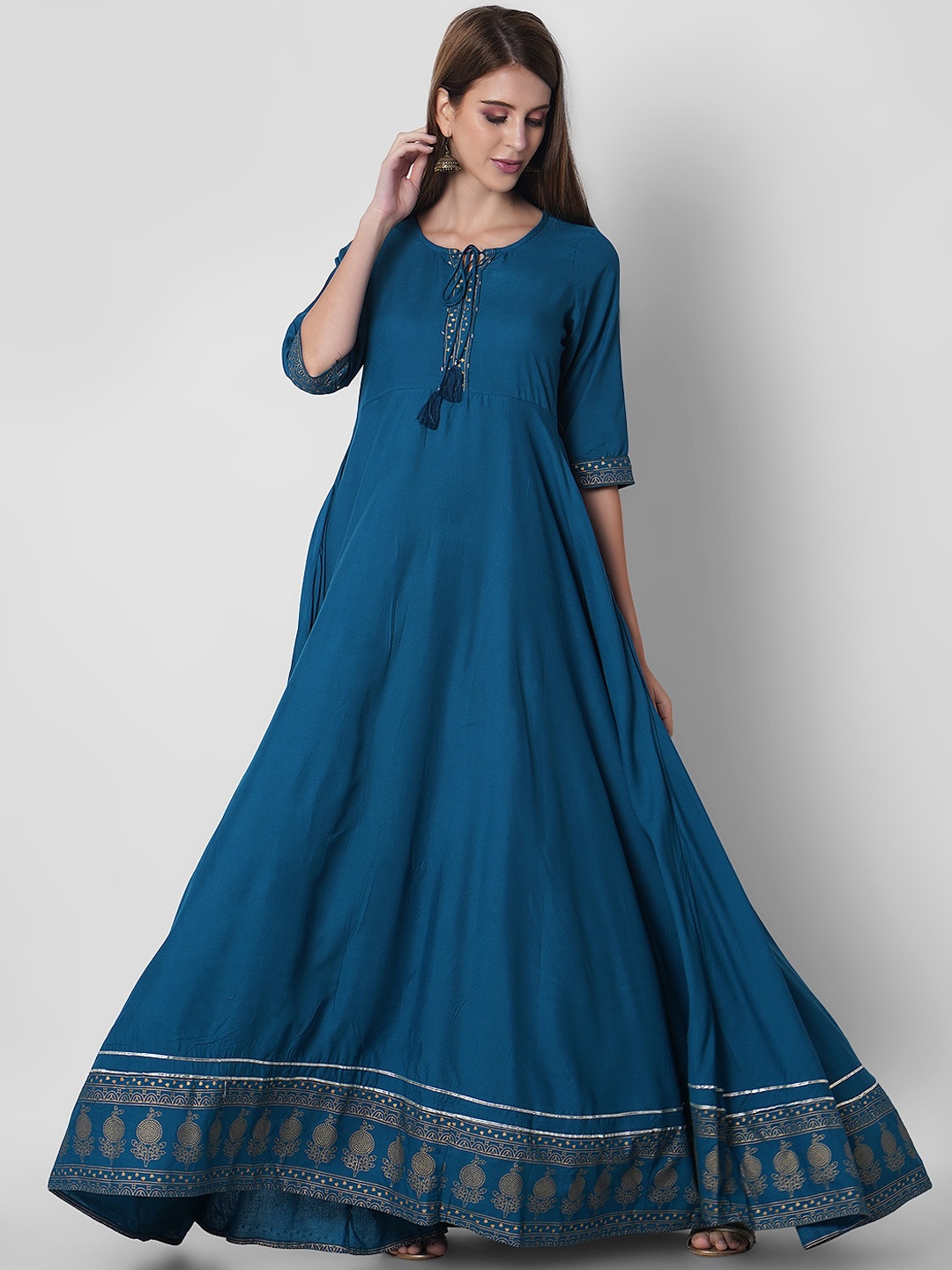 

Sanganeri Kurti Women Blue Ethnic Motifs Printed Handloom Anarkali Kurta