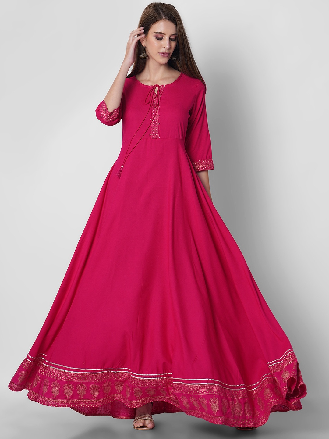 

Sanganeri Kurti Women Pink Thread Work Handloom Anarkali Kurta