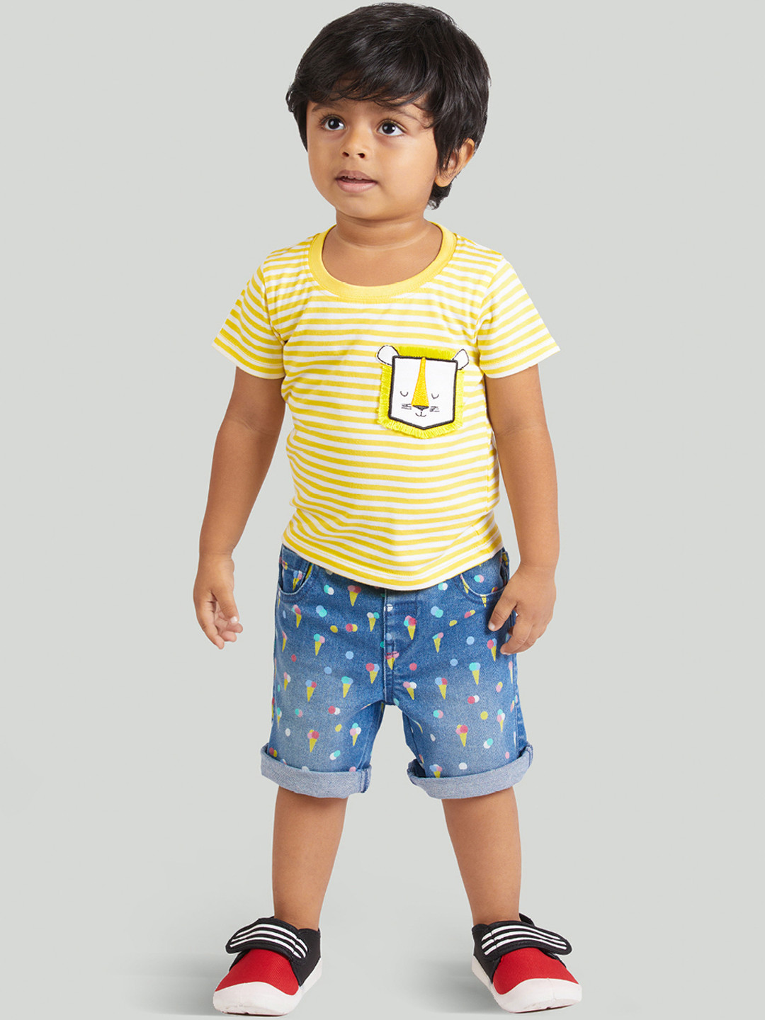 

Zalio Boys Yellow & Blue Striped Pure Cotton T-shirt with Shorts