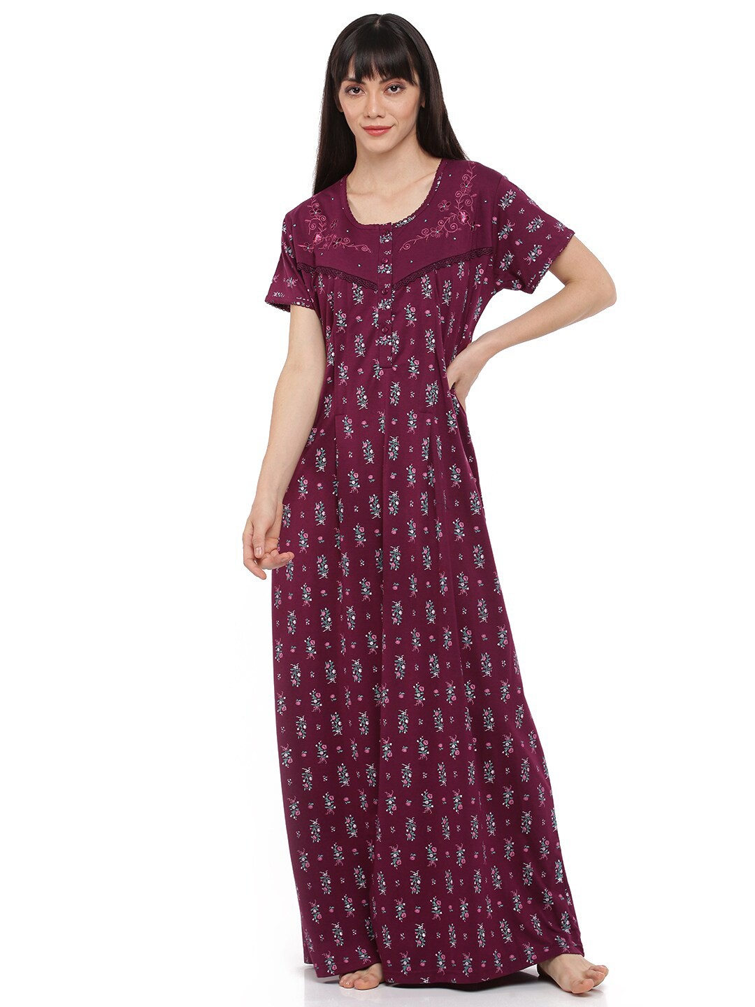 

9shines Label Women Purple Printed Maxi Nightdress