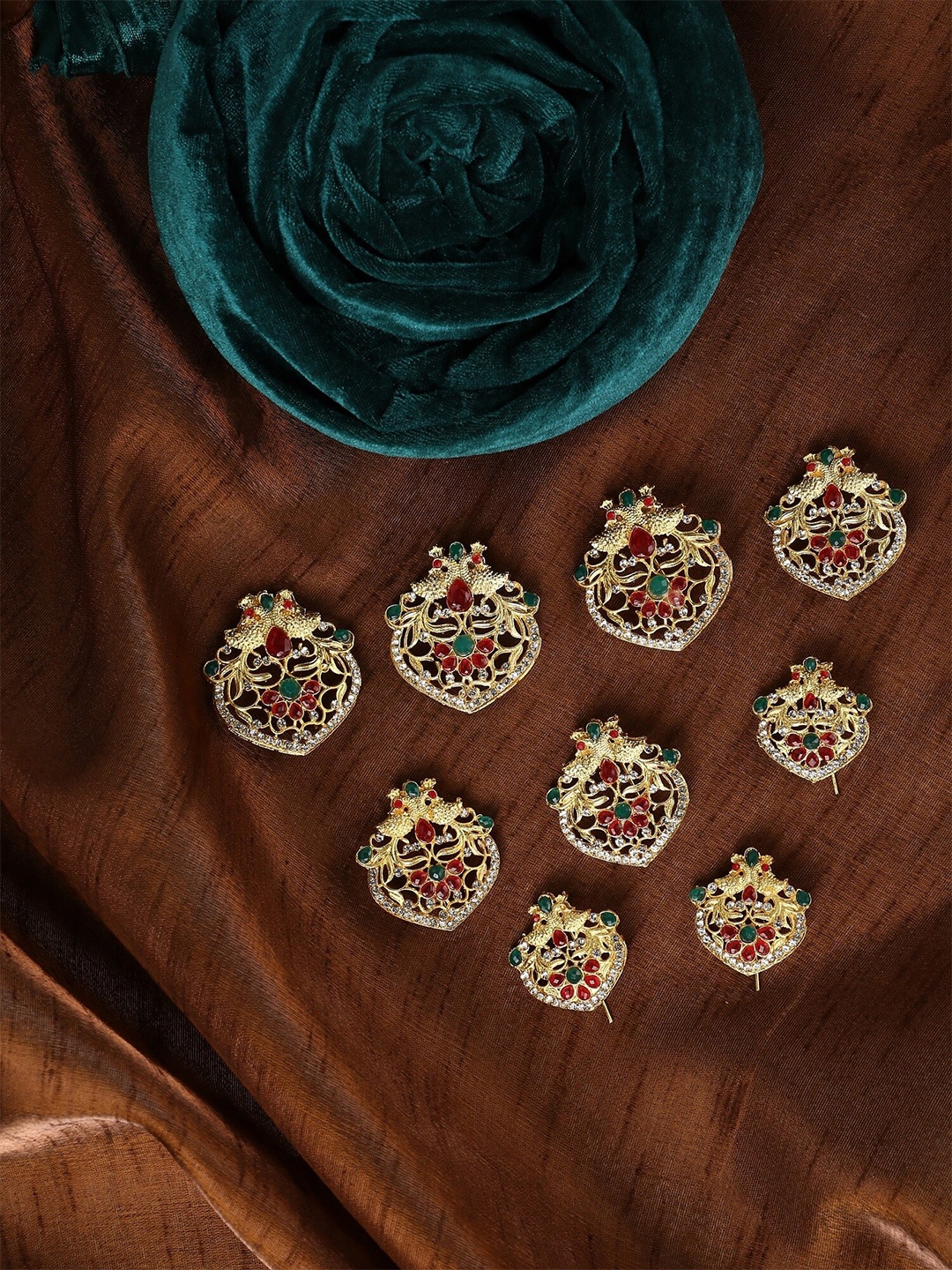 

VAGHBHATT Women Set of 9 Gold-Toned & White Embellished Southern Jadai Billai Hair Pins