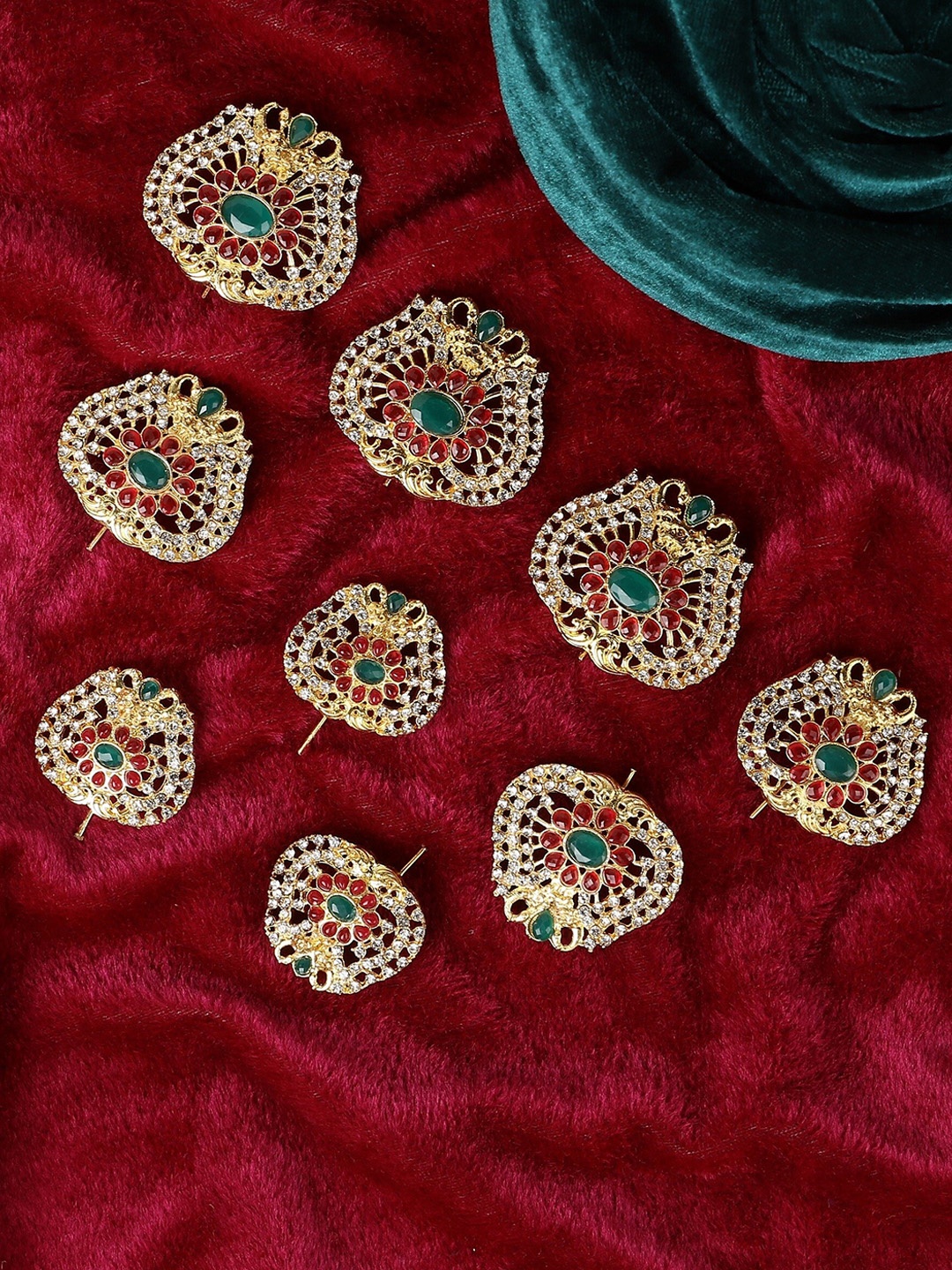 

VAGHBHATT Women Gold-Toned & Red Beaded Hair Accessory Set -9 Pcs