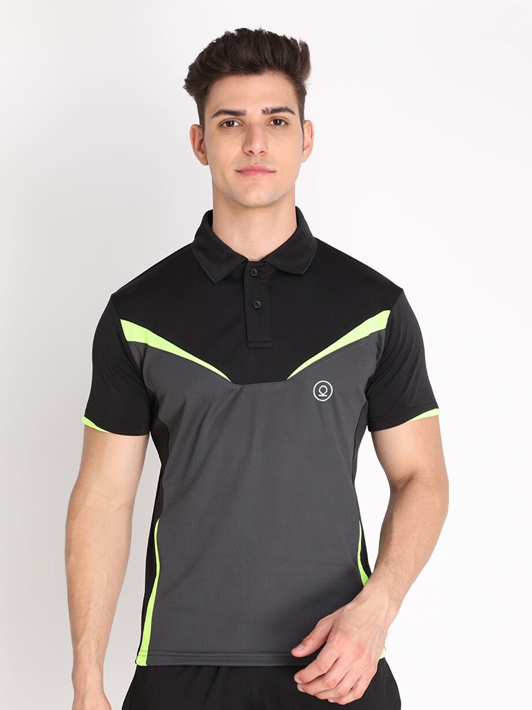 

Chkokko Men Black & Grey Colourblocked Polo Collar T-shirt