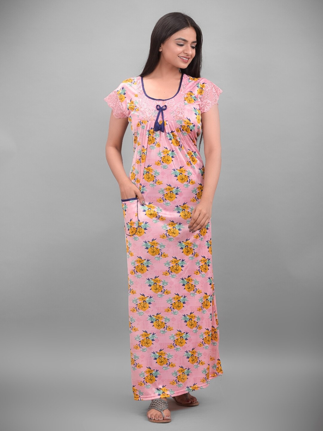 

Apratim Pink & Yellow Floral Printed Satin Maxi Nightdress