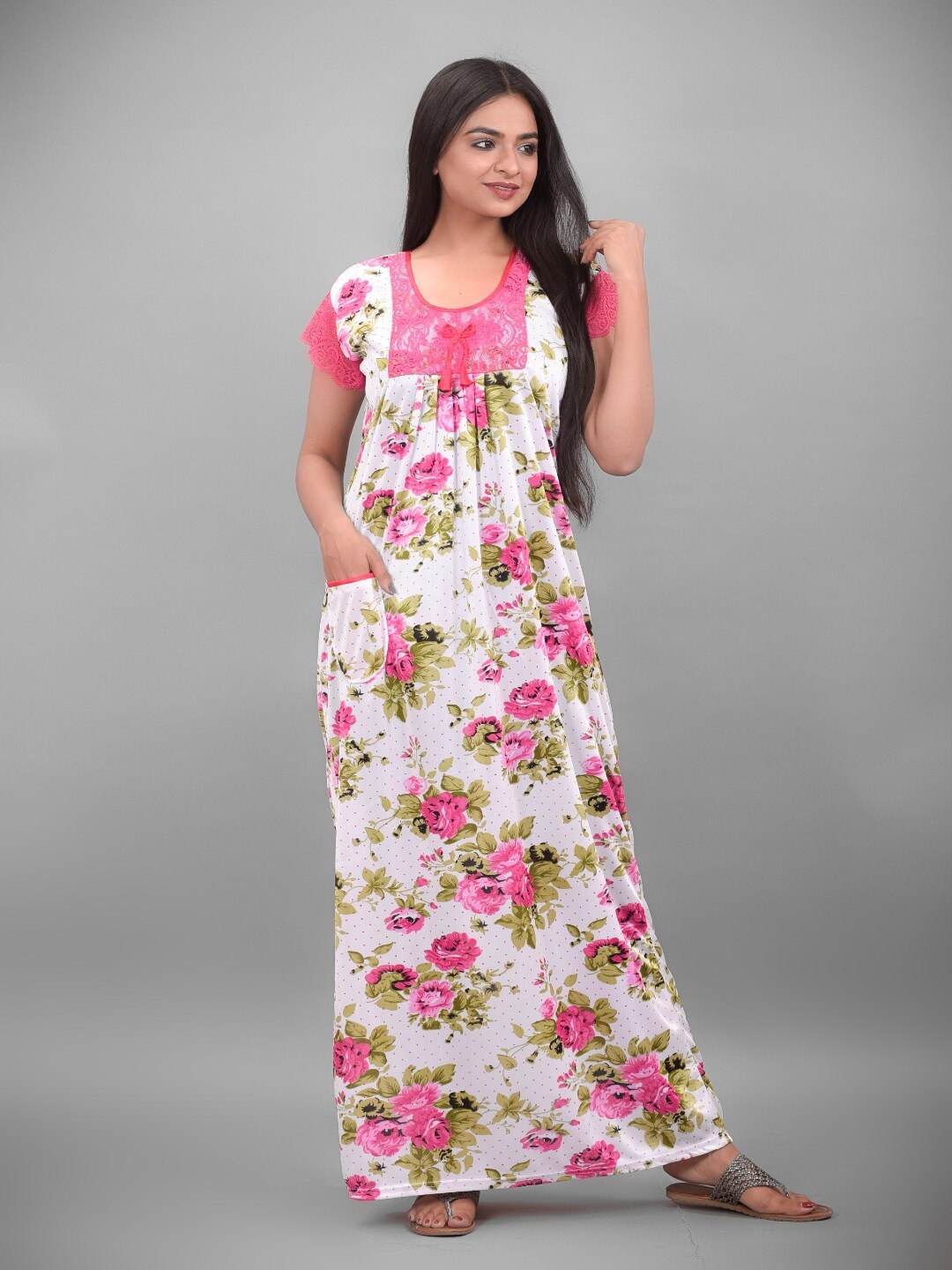 

Apratim Women White & Pink Printed Satin Nightdress