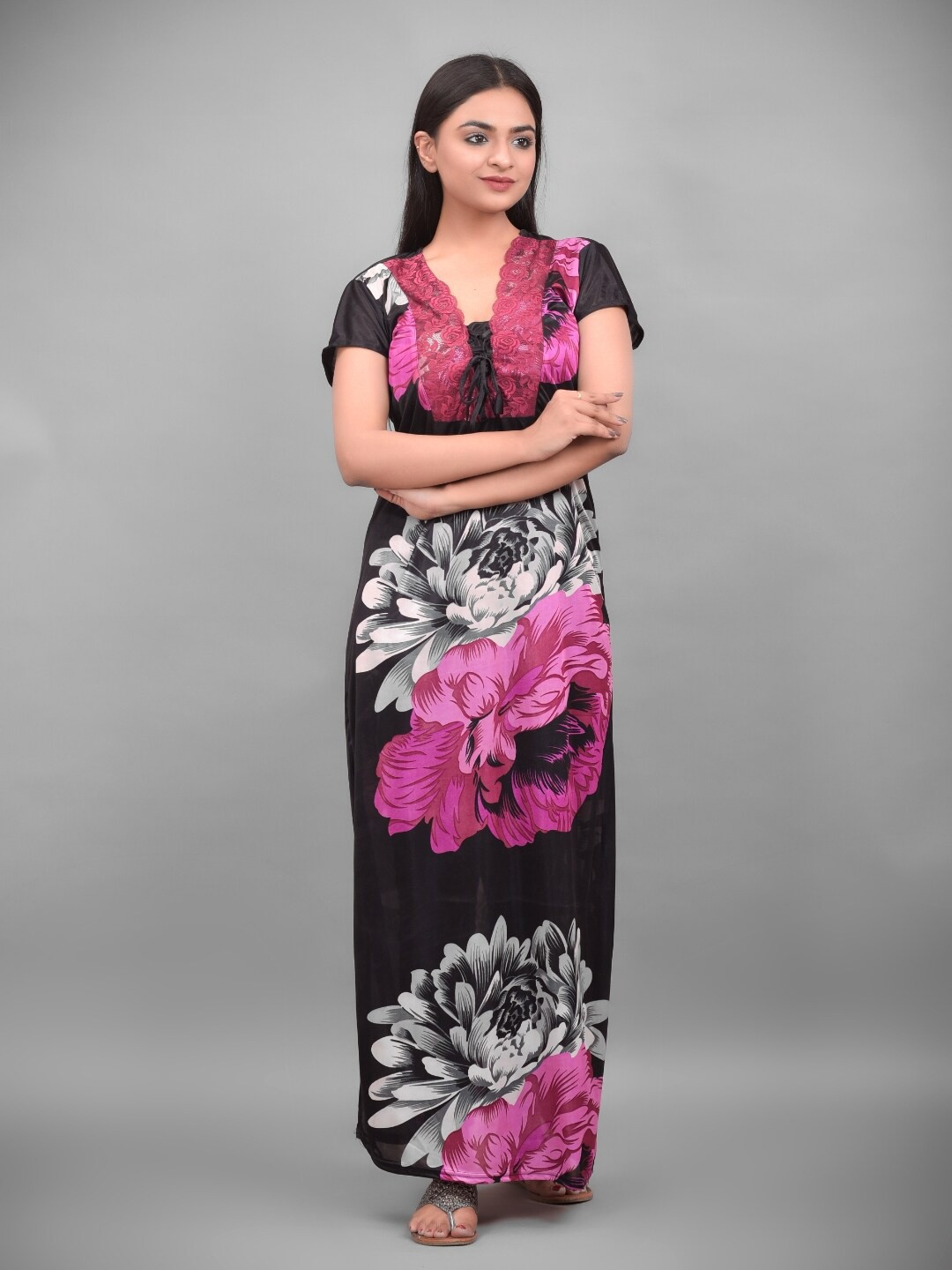 

Apratim Women Black Printed Maxi Nightdress