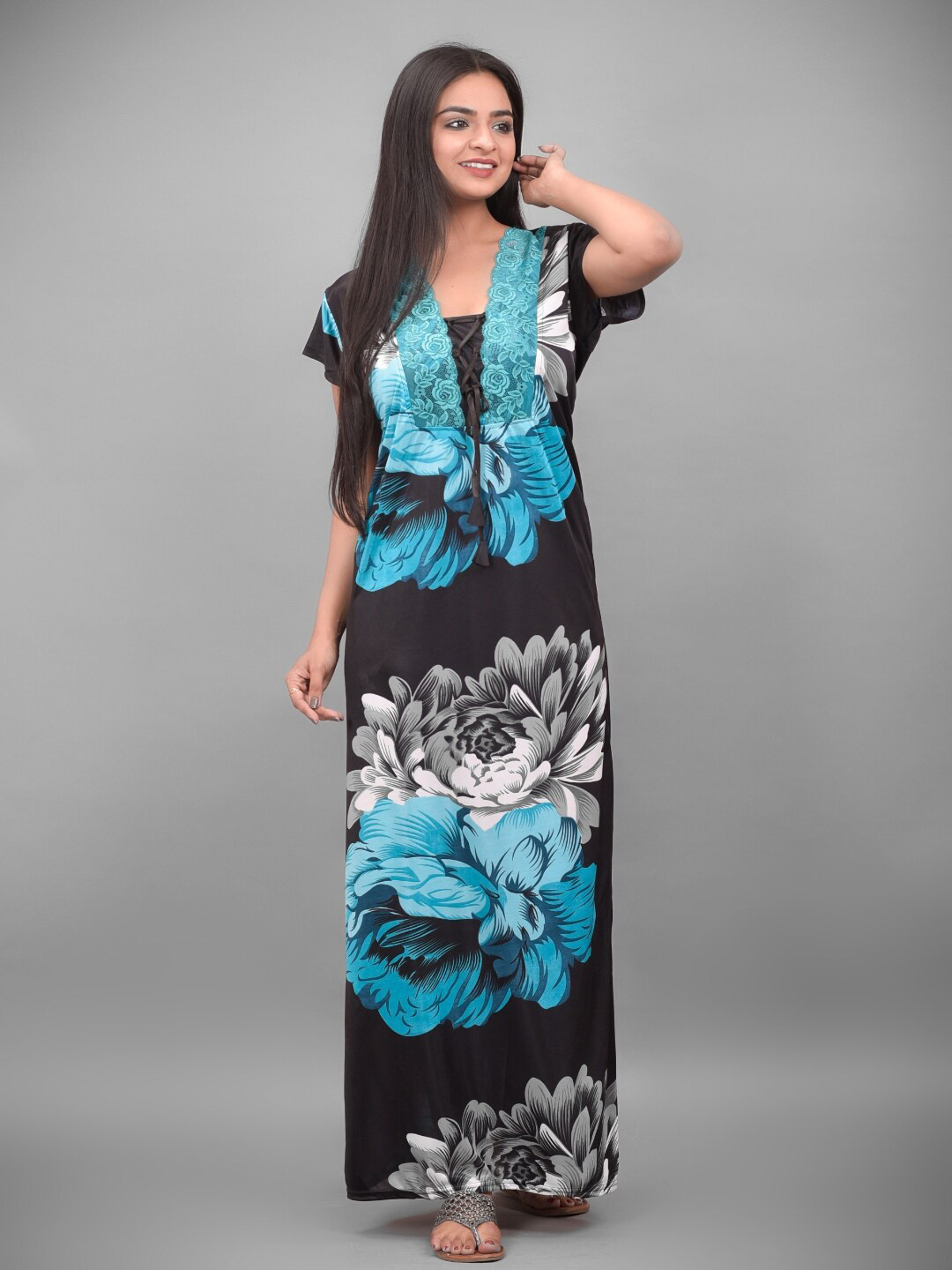 

Apratim Black Printed Satin Maxi Nightdress