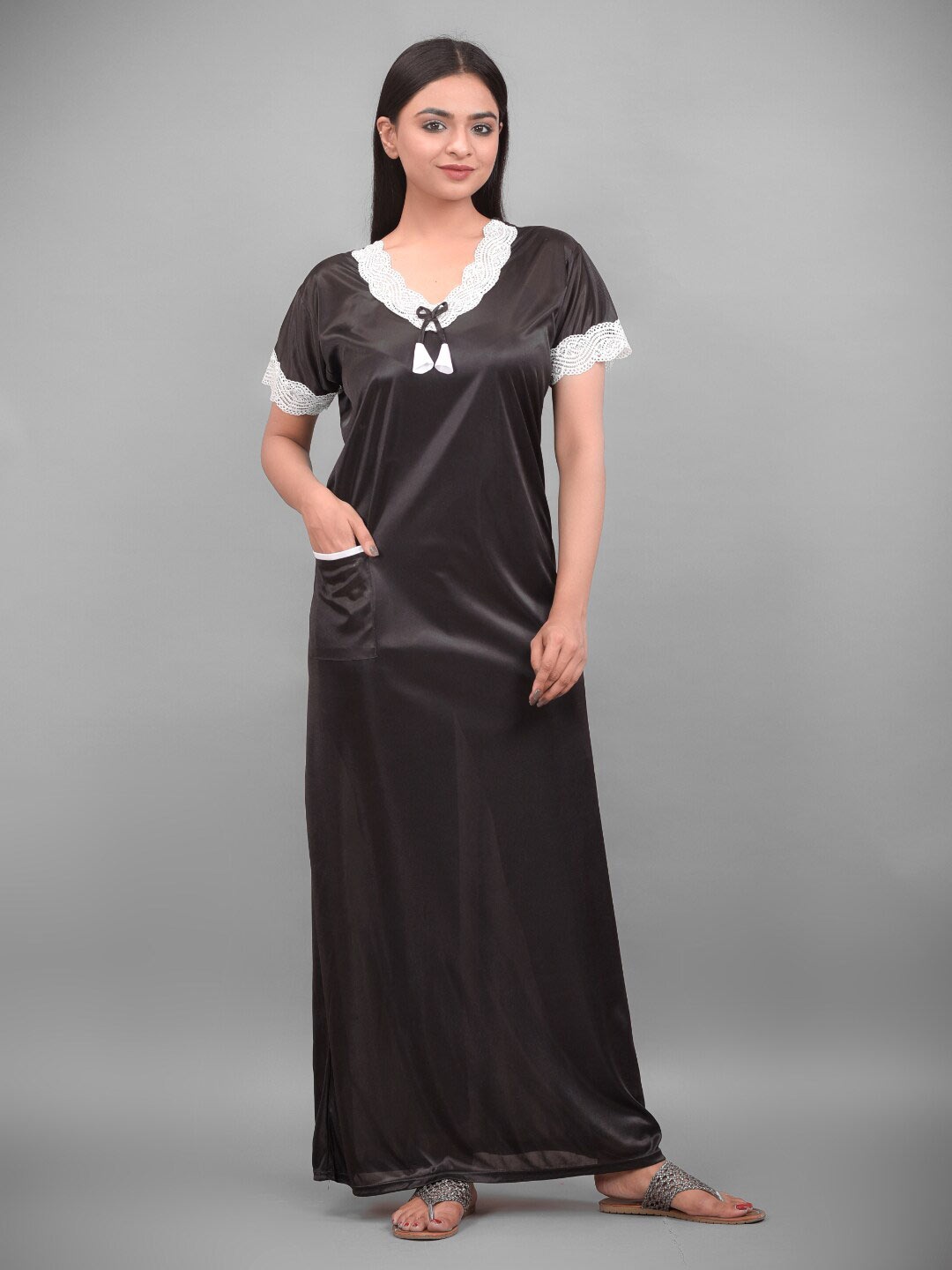 

Apratim Black Satin Solid Maxi Nightdress