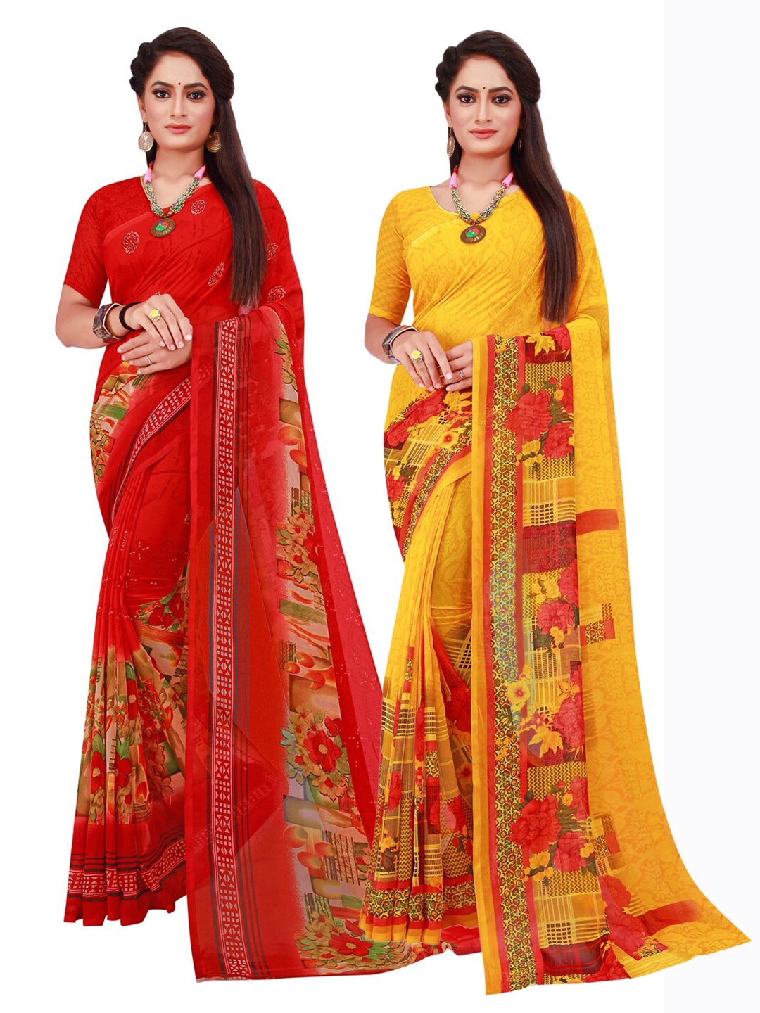 

KALINI Pack of 2 Printed Pure Georgette Sarees, Yellow