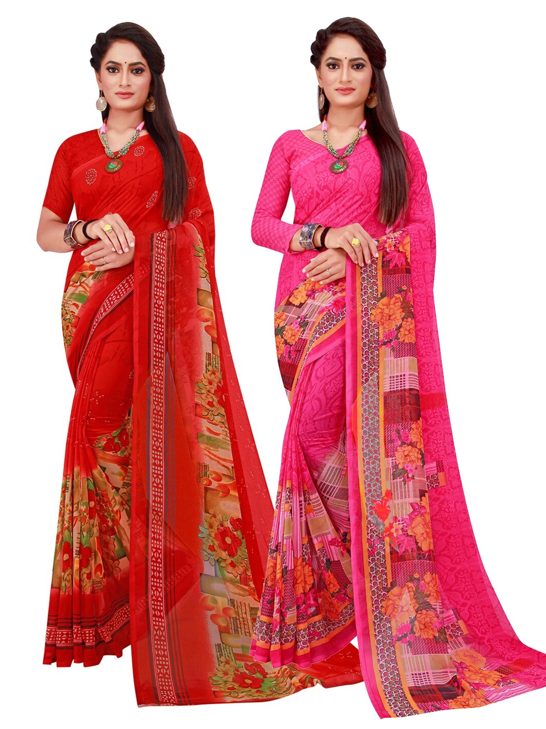 

KALINI Magenta & Red Set of 2 Floral Printed Pure Georgette Saree