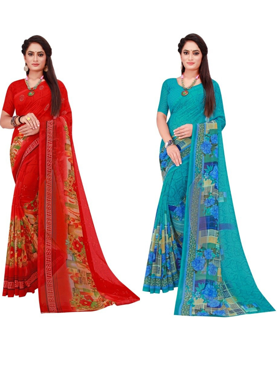 

KALINI Pack of 2 Turquoise Blue & Red Floral Pure Georgette Sarees