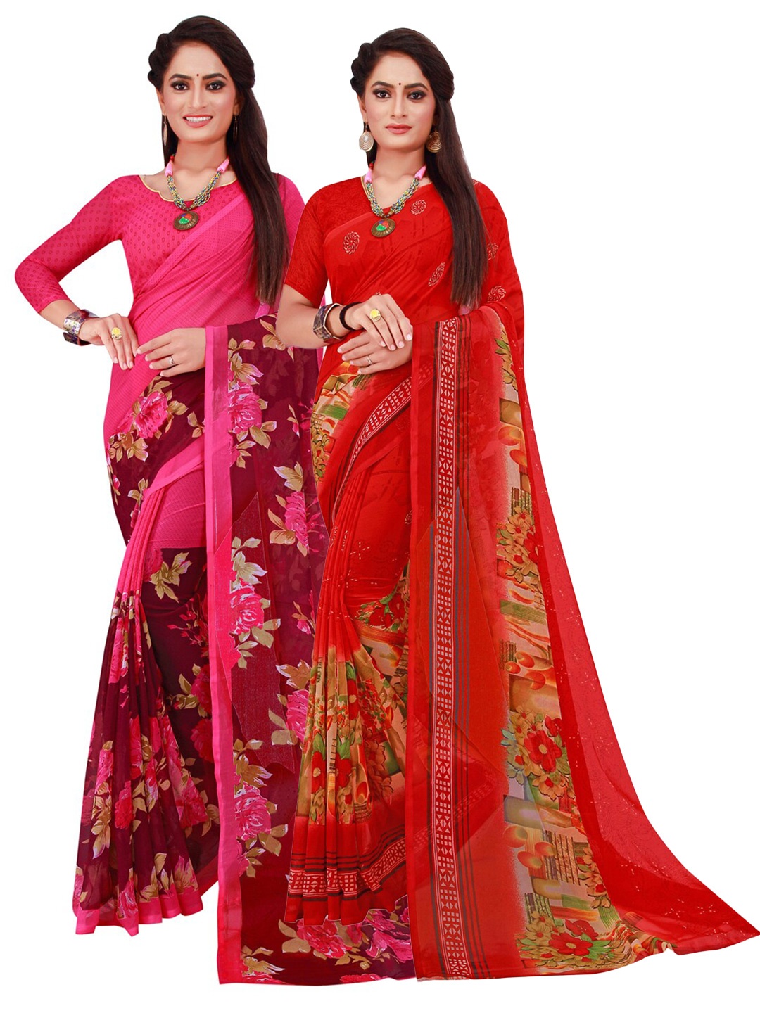 

KALINI Pack of 2 Red & Magenta Floral Pure Georgette Sarees