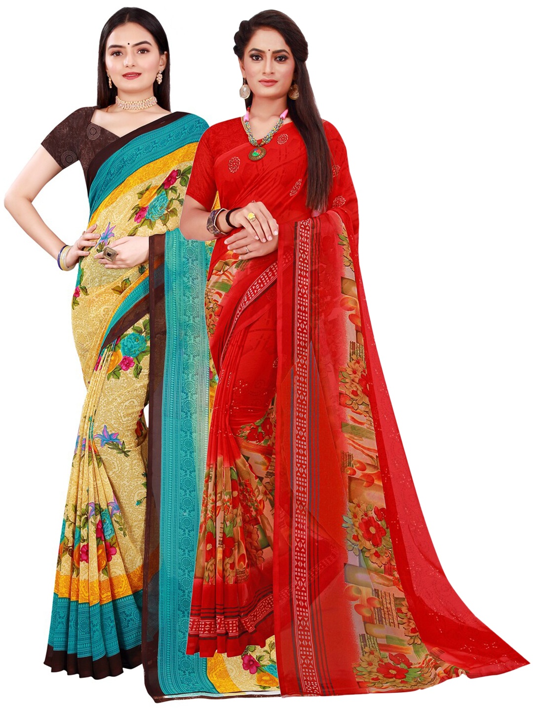 

KALINI Pack Of 2 Red & Beige Pure Georgette Saree