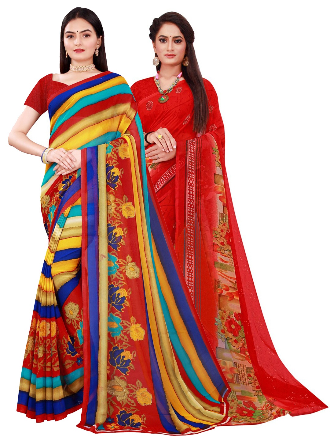 

KALINI Pack Of 2 Red & Blue Printed Pure Georgette Saree