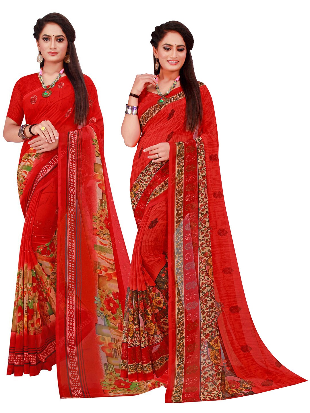 

KALINI Pack of 2 Red & Magenta Floral Pure Georgette Sarees