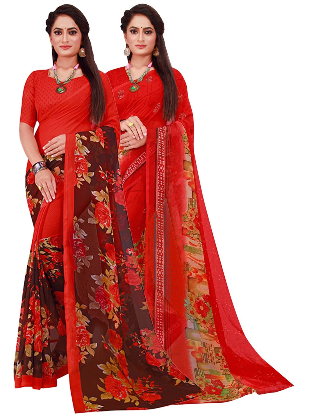 

KALINI Pack of 2 Red & Green Floral Pure Georgette Sarees