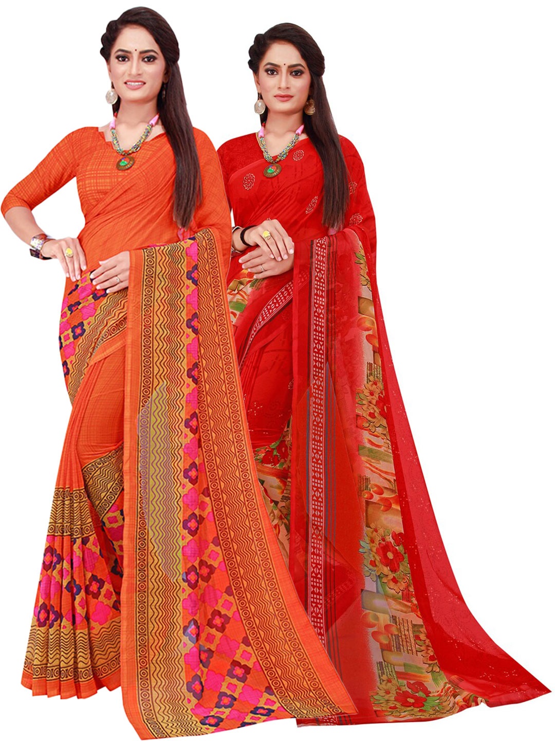 

KALINI Pack of 2 Orange & Red Pure Georgette Sarees