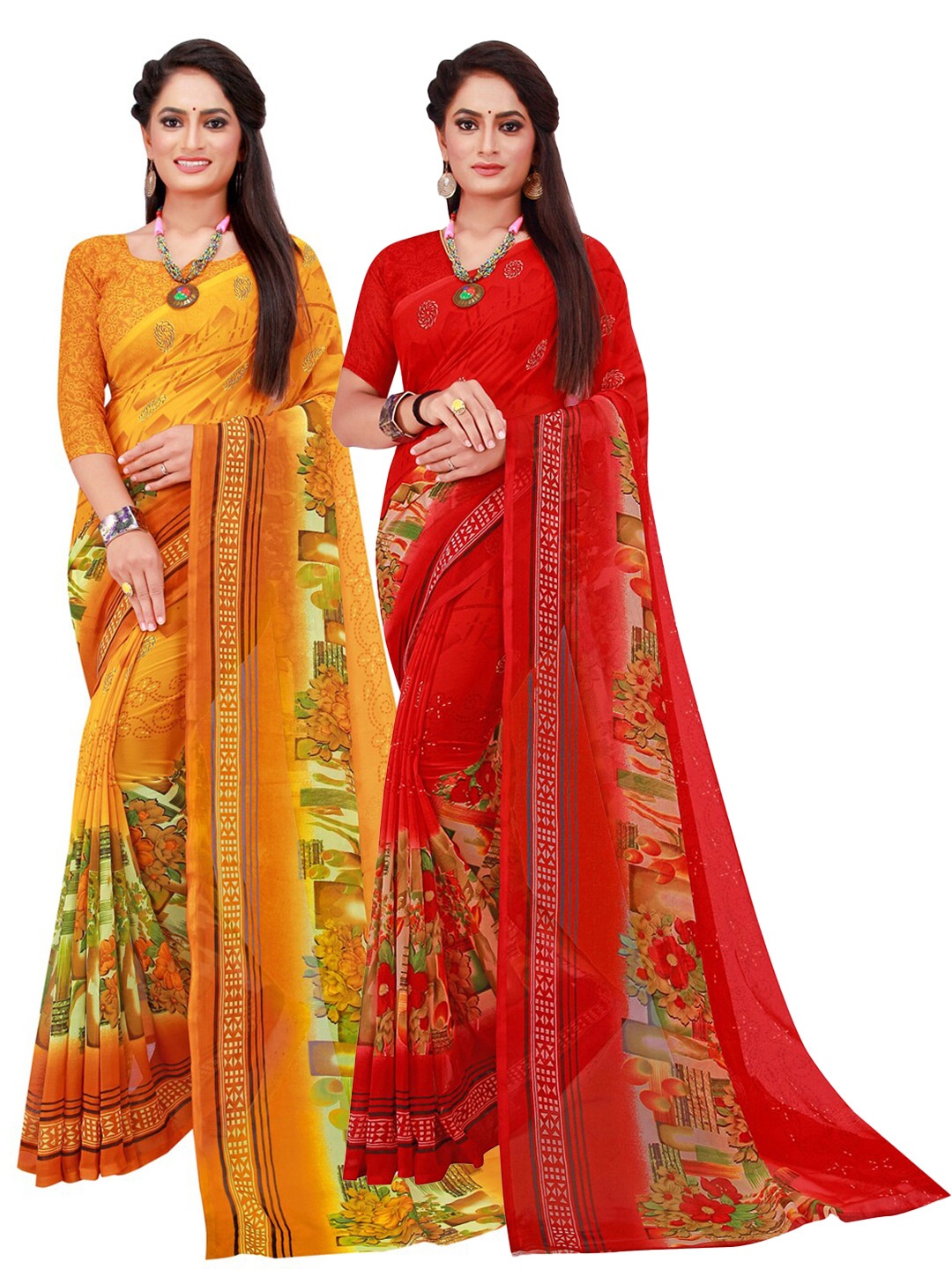 

KALINI Pack of 2 Red & Yellow Pure Georgette Sarees