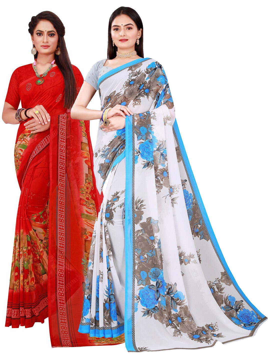 

KALINI Pack Of 2 Red & Yellow Pure Georgette Saree