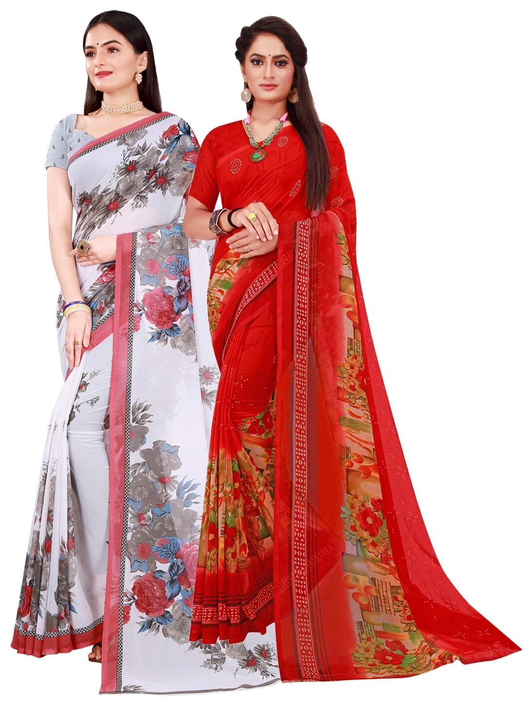 

KALINI Pack Of 2 Red & White Floral Pure Georgette Saree