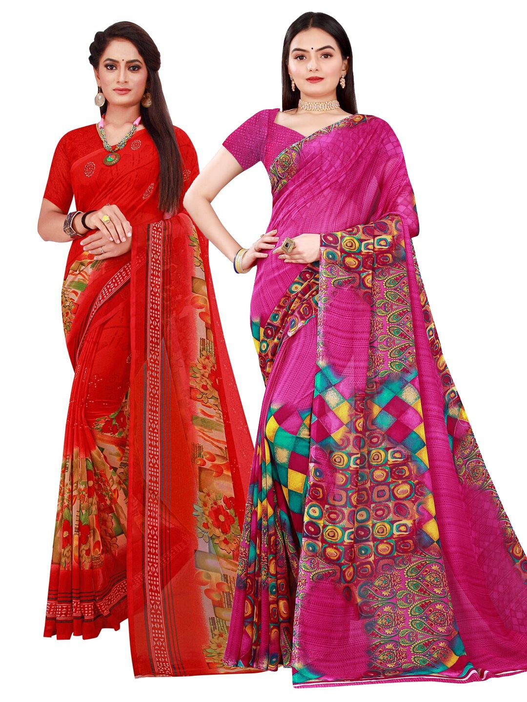 

KALINI Pack of 2 Magenta & Red Pure Georgette Sarees