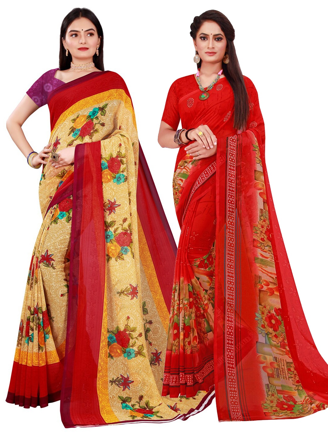 

KALINI Beige & Red Floral Printed Pure Georgette Saree Pack Of 2