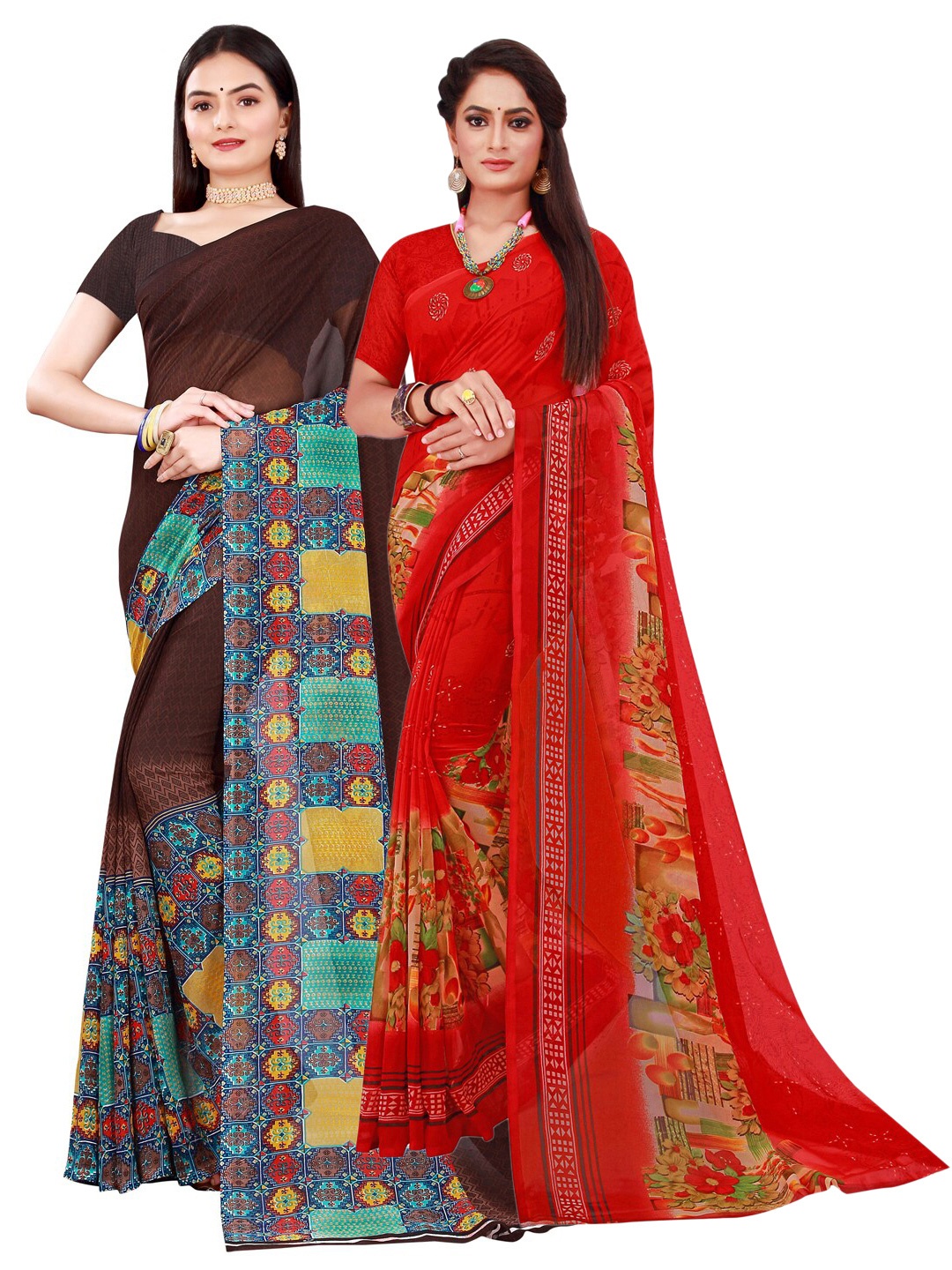 

KALINI Pack of 2 Brown & Red Pure Georgette Sarees