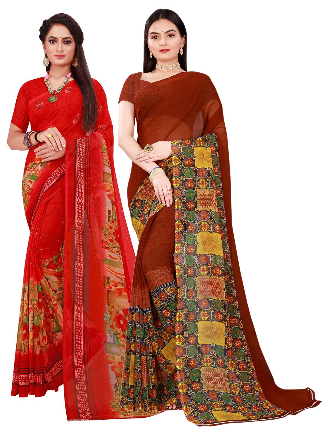 

KALINI Pack of 2 Red & Maroon Pure Georgette Sarees