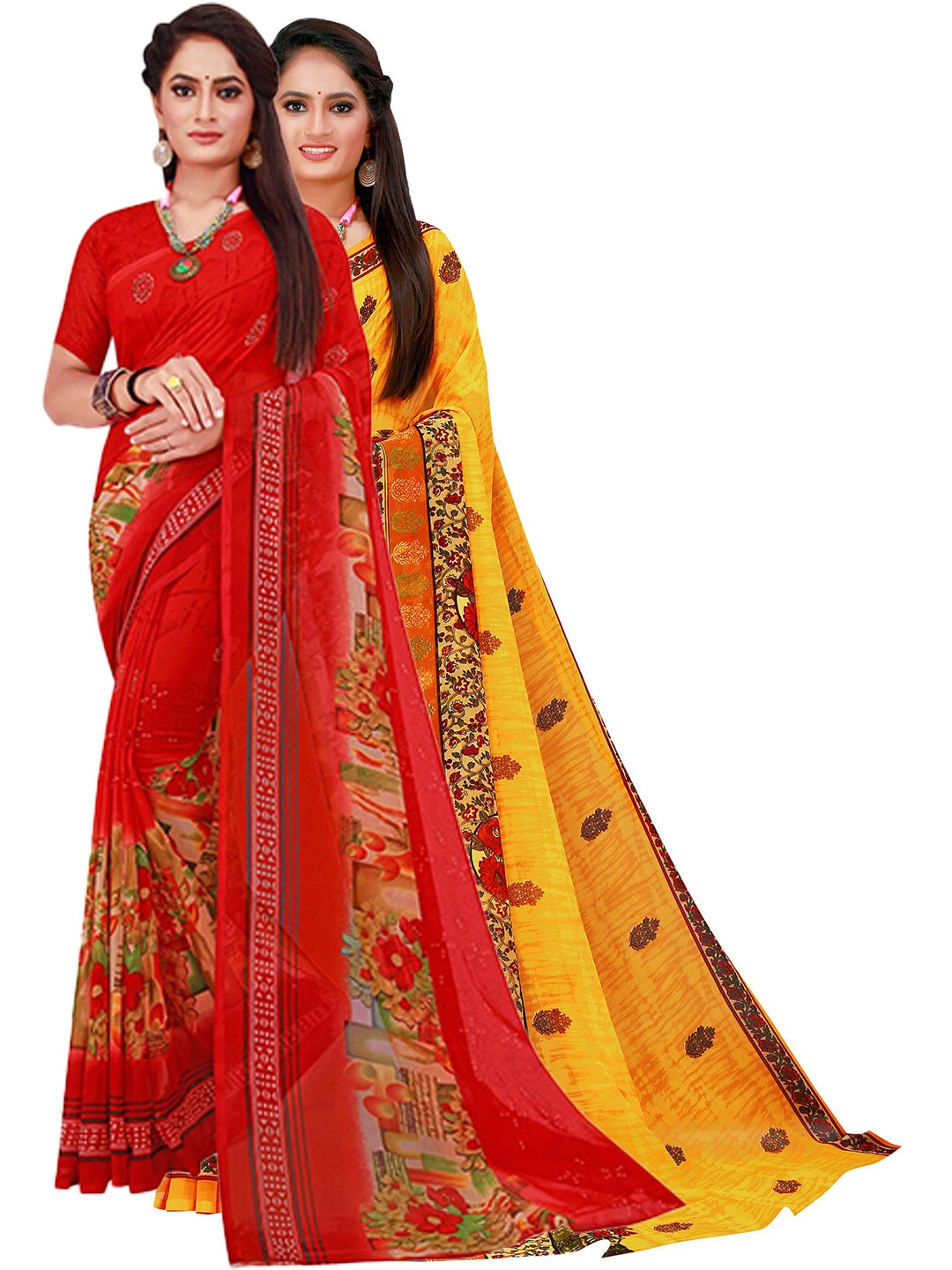 

KALINI Red & Yellow Set Of 2 Floral Pure Georgette Saree
