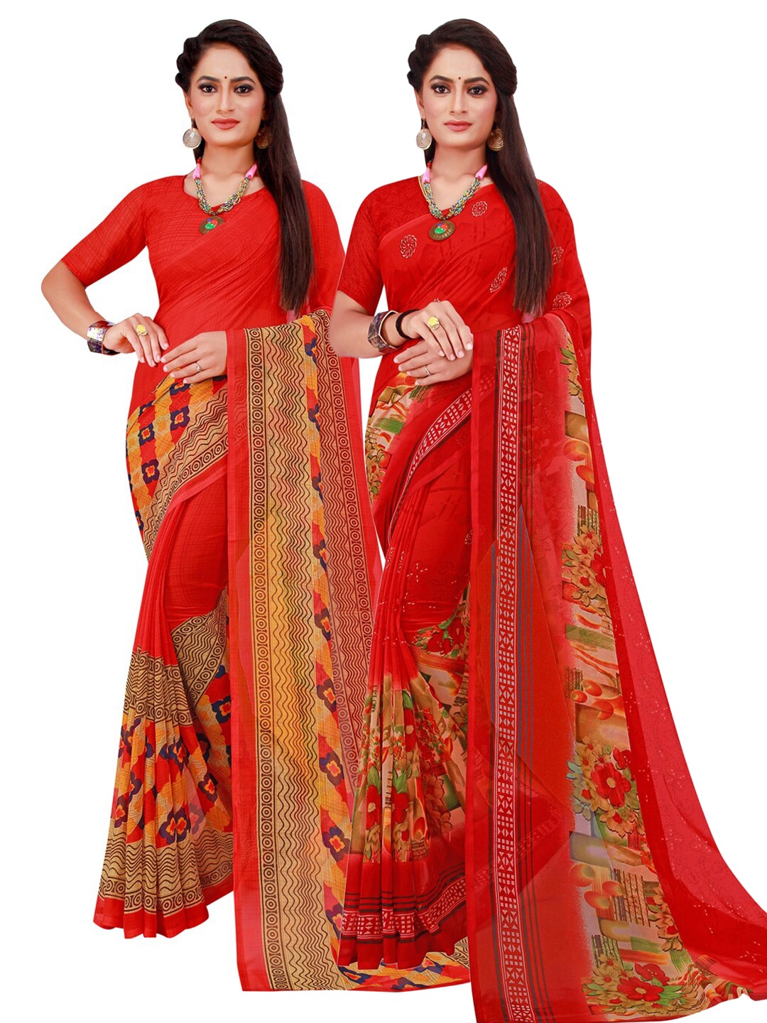 

KALINI Red Printed Pure Georgette Saree Pack Of 2