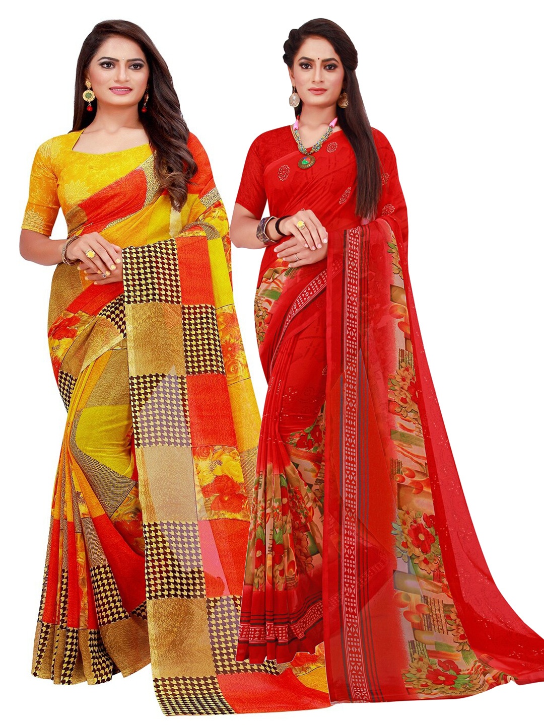 

KALINI Pack Of 2 Red & Yellow Floral Printed Pure Georgette Saree