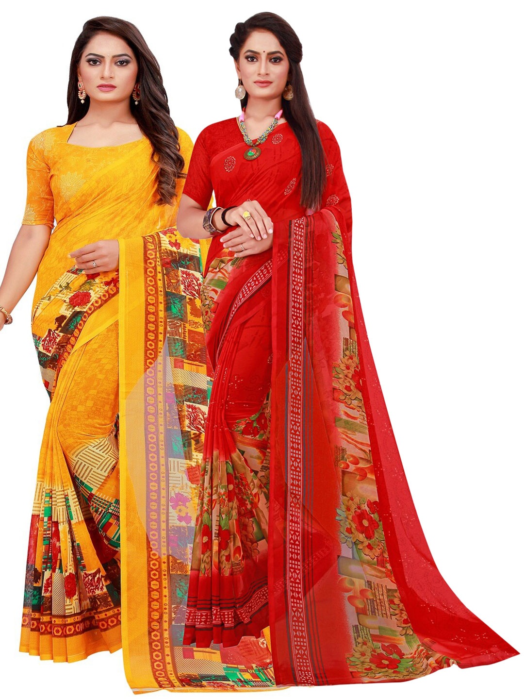 

KALINI Pack Of 2 Red & Yellow Pure Georgette Saree