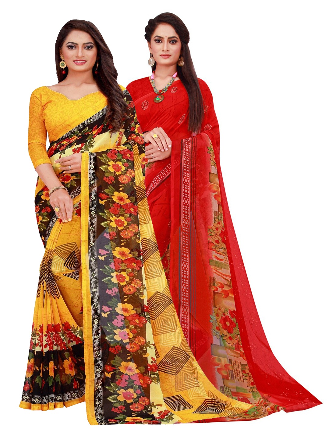 

KALINI Pack of 2 Printed Pure Georgette Sarees, Yellow