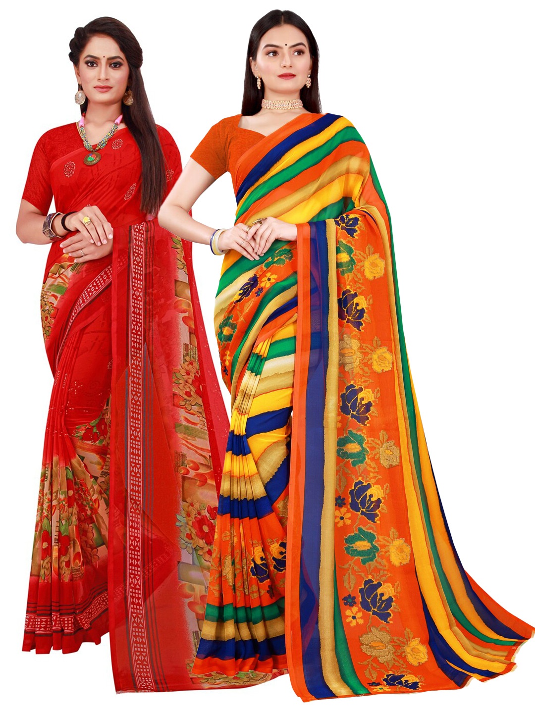 

KALINI Yellow & Red Set Of 2 Floral Pure Georgette Saree