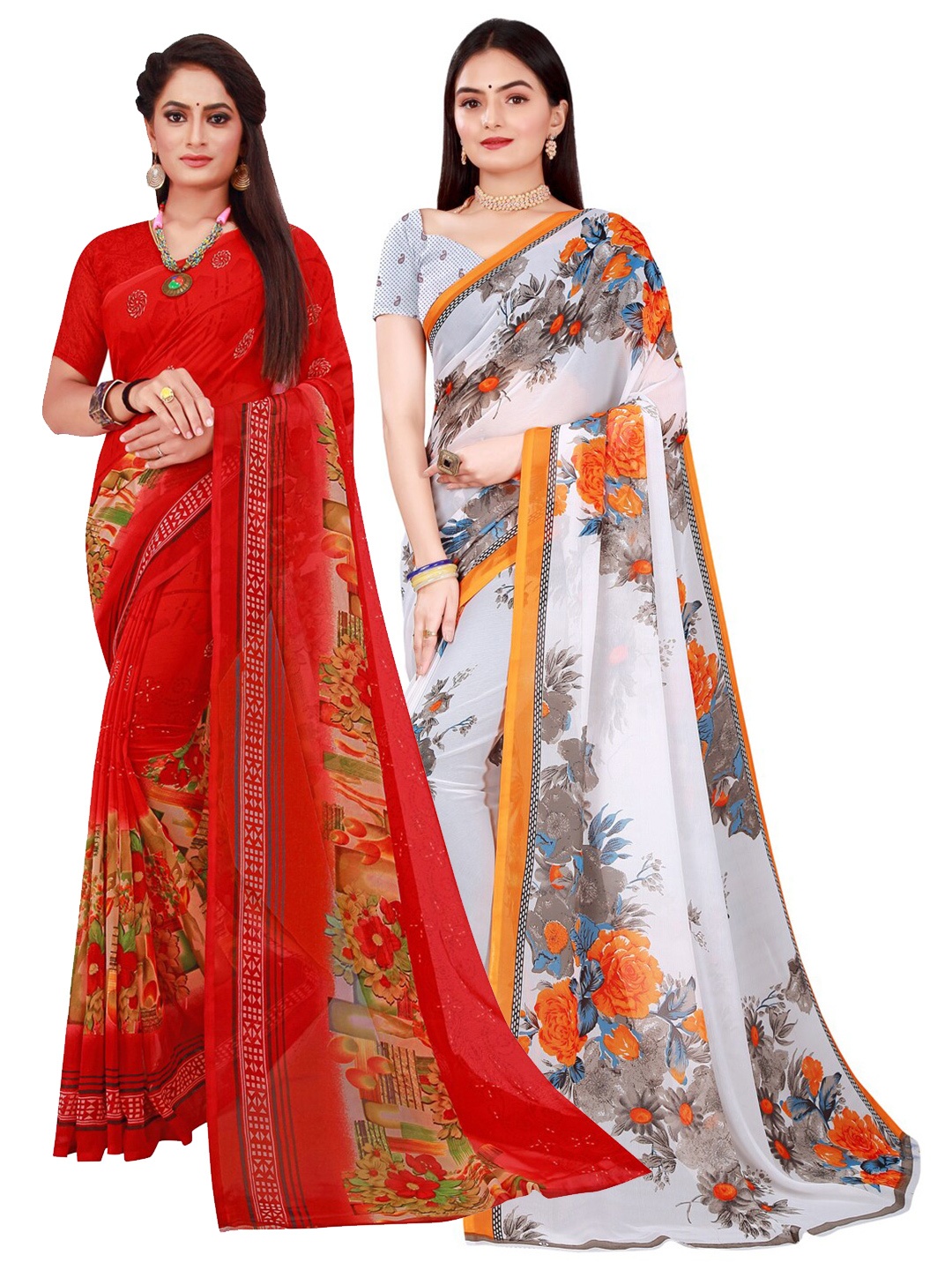 

KALINI Red & White Floral Printed Pure Georgette Saree Pack Of 2