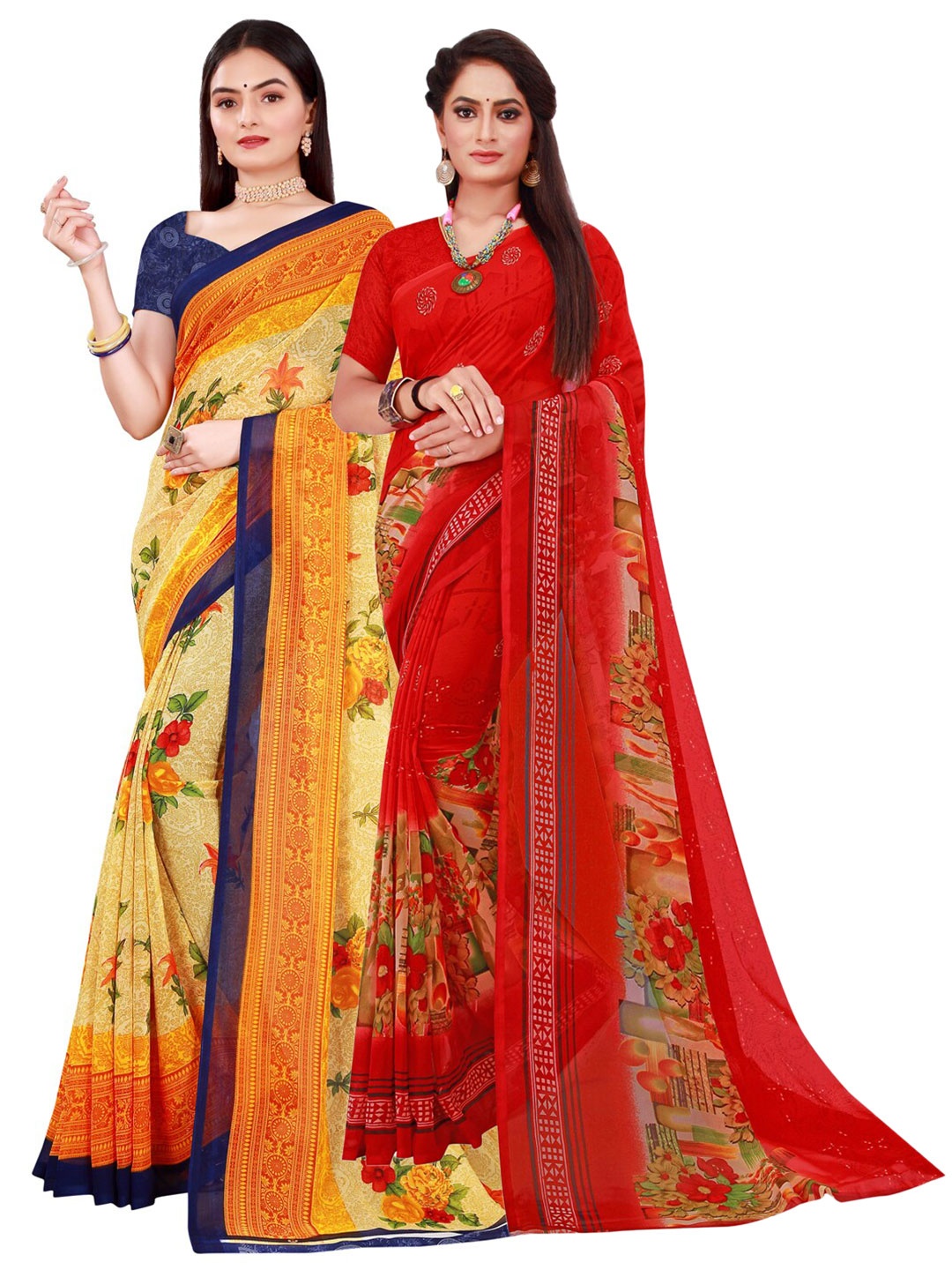 

KALINI Pack of 2 Printed Pure Georgette Sarees, Beige