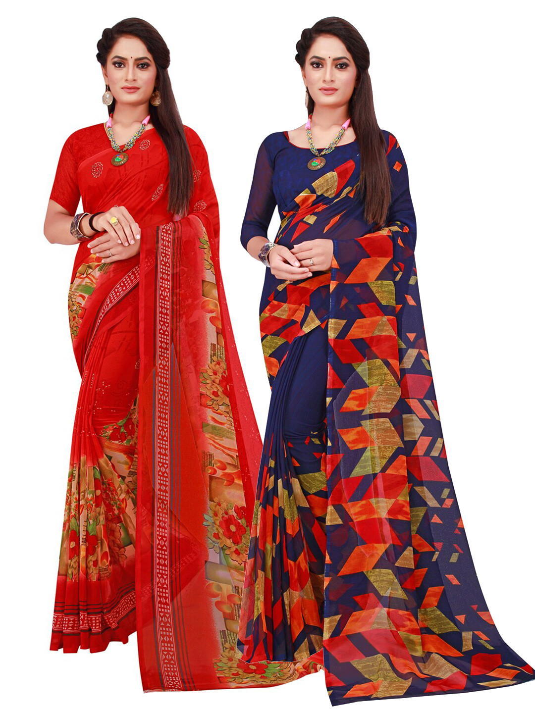 

KALINI Pack Of 2 Navy Blue & Red Pure Georgette Saree