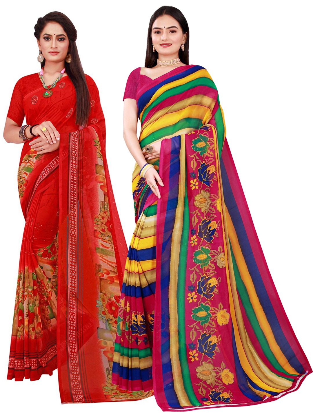 

KALINI Pack of 2 Red & Yellow Pure Georgette Sarees