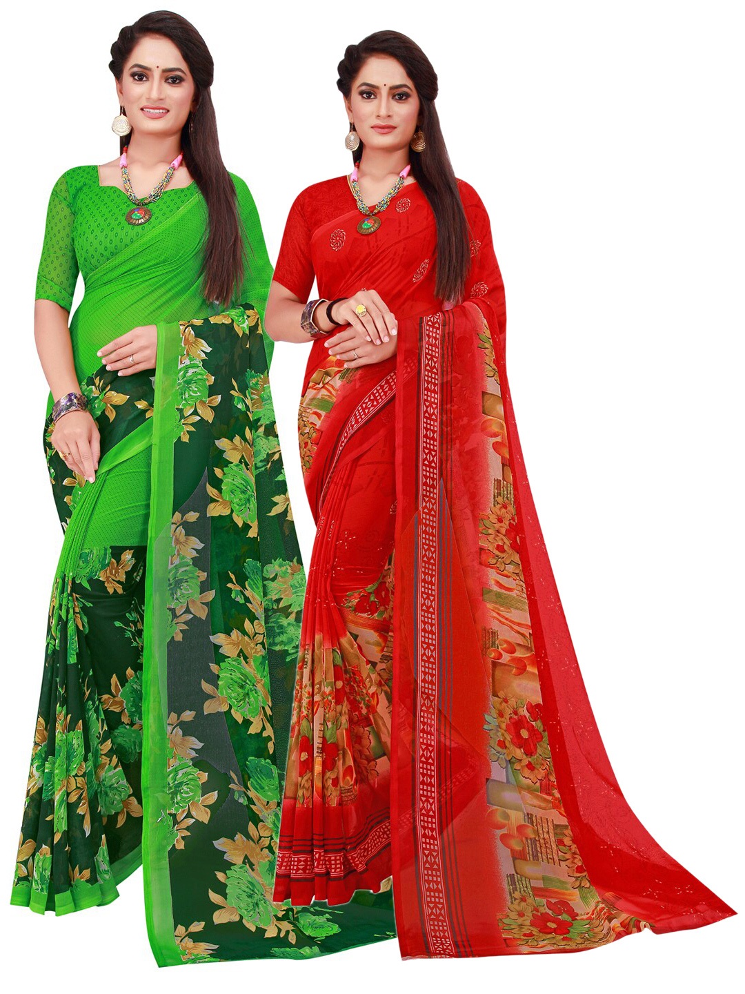 

KALINI Pack of 2 Red & Green Pure Georgette Sarees