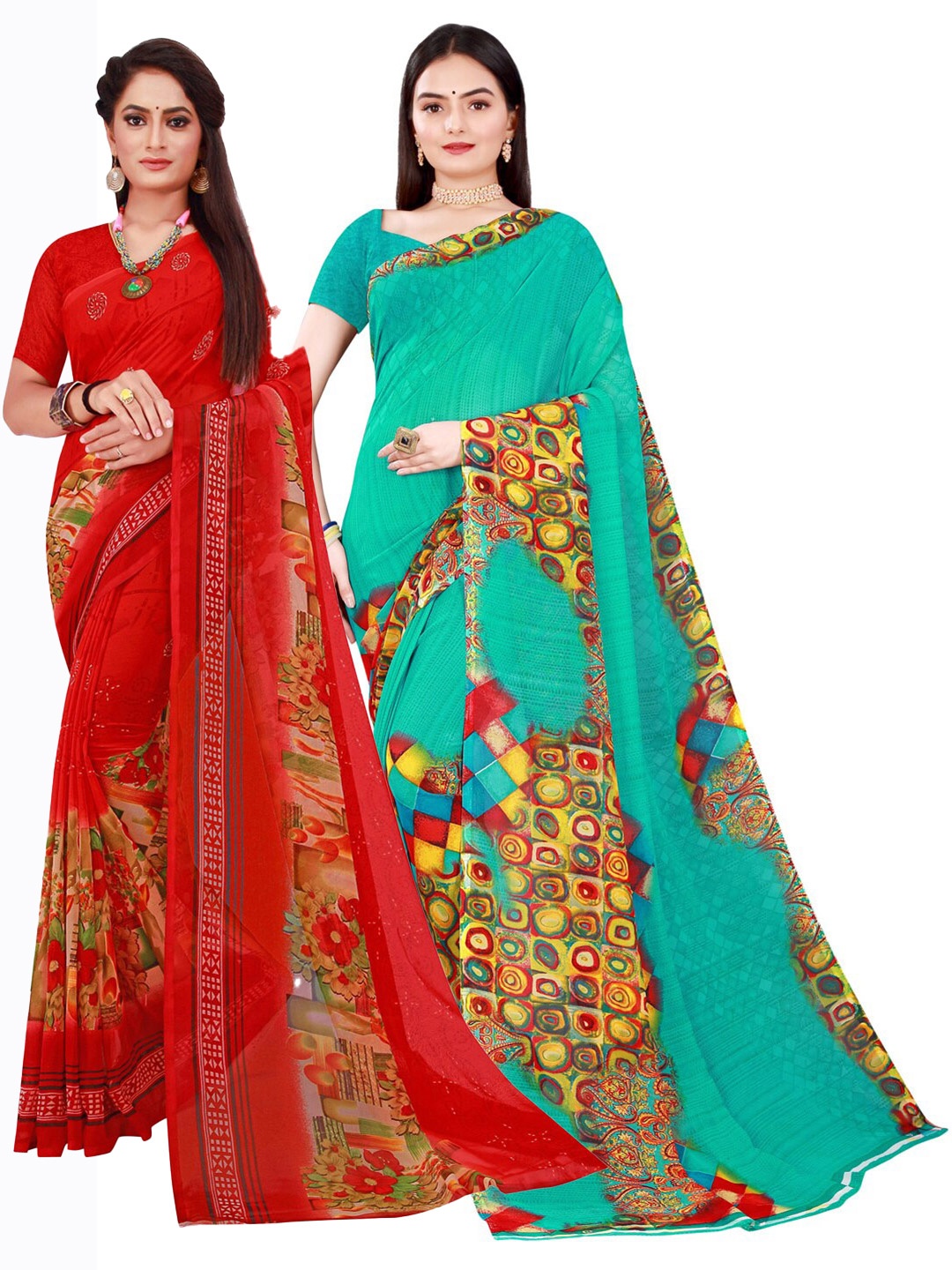 

KALINI Red & Green Set Of 2 Floral Pure Georgette Saree