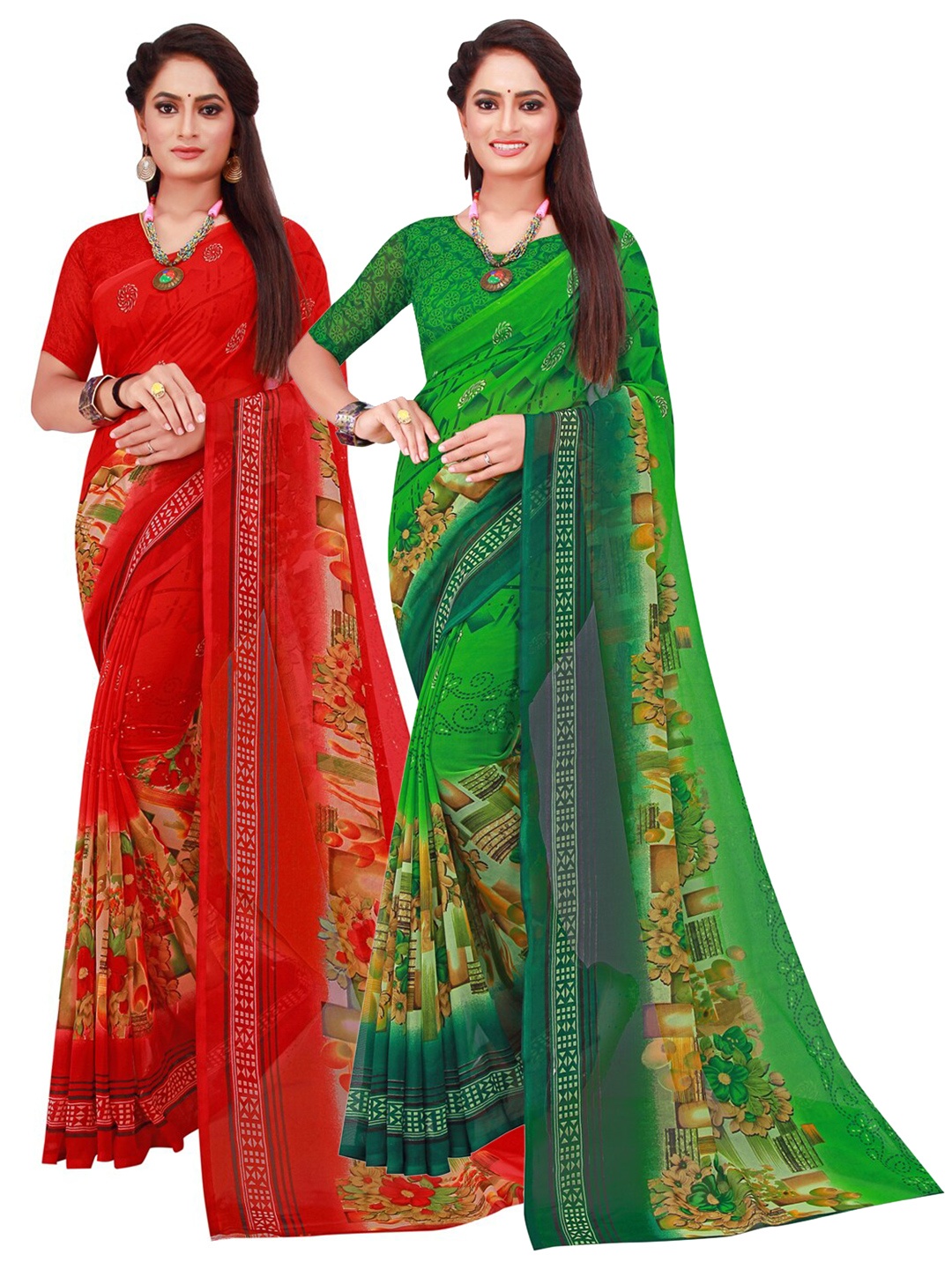 

KALINI Red & Green Printed Pure Georgette Saree Pack Of 2