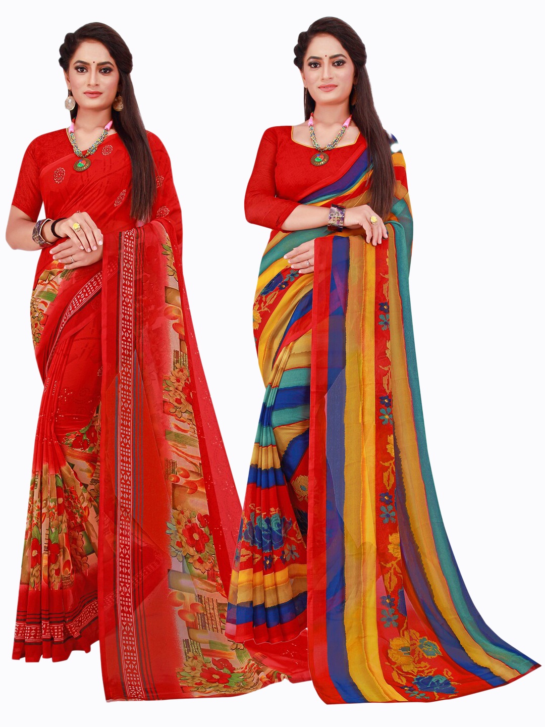 

KALINI Pack of 2 Printed Pure Georgette Sarees, Red