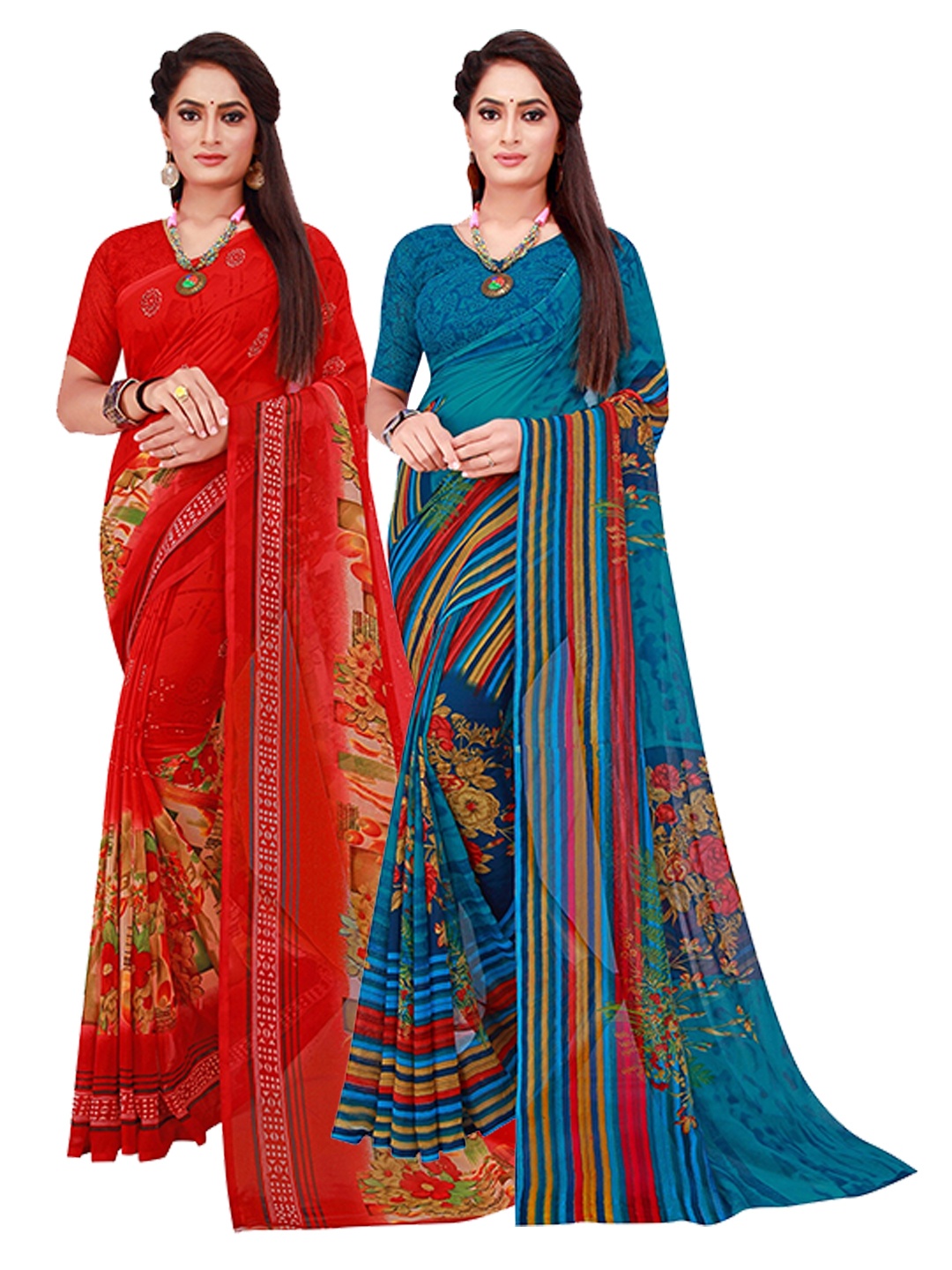 

KALINI Red & Blue Set Of 2 Floral Pure Georgette Saree