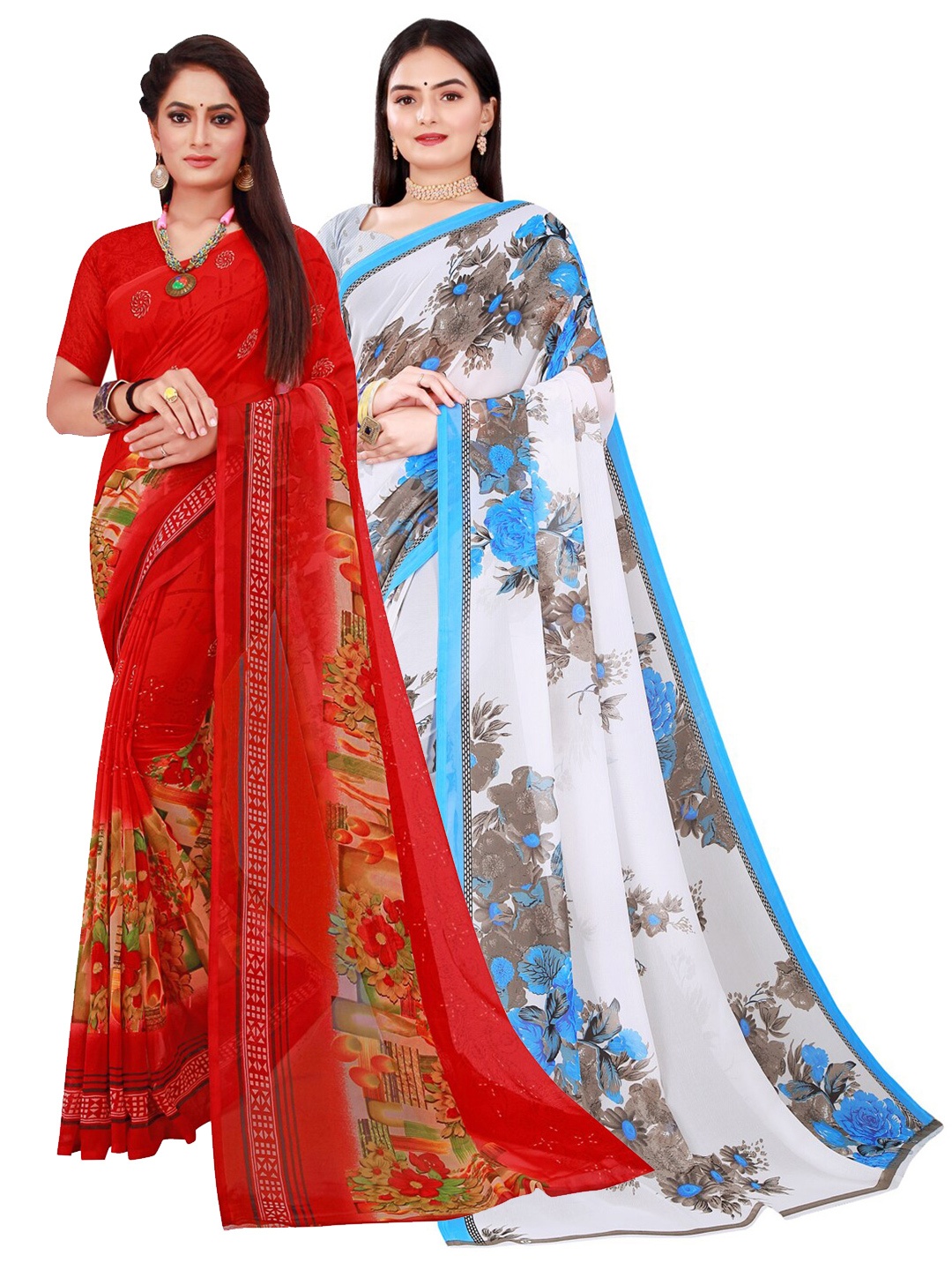 

KALINI Pack Of 2 Red & White Printed Pure Georgette Saree