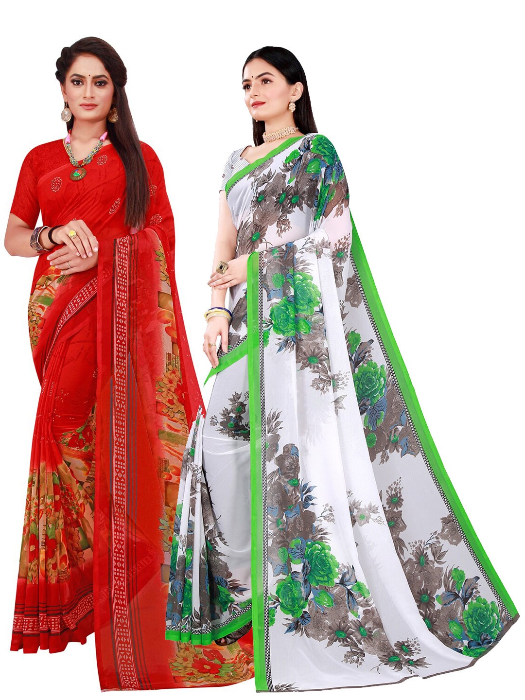 

KALINI Pack Of 2 Red & White Floral Printed Pure Georgette Saree