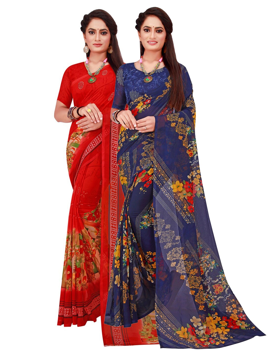 

KALINI Red & Navy Blue Set of 2 Floral Printed Pure Georgette Saree