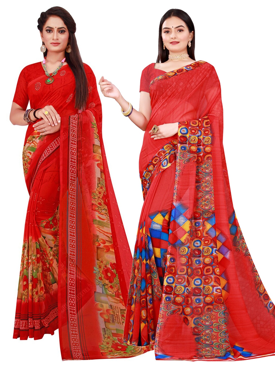 

KALINI Red & Blue Set Of 2 Floral Pure Georgette Saree