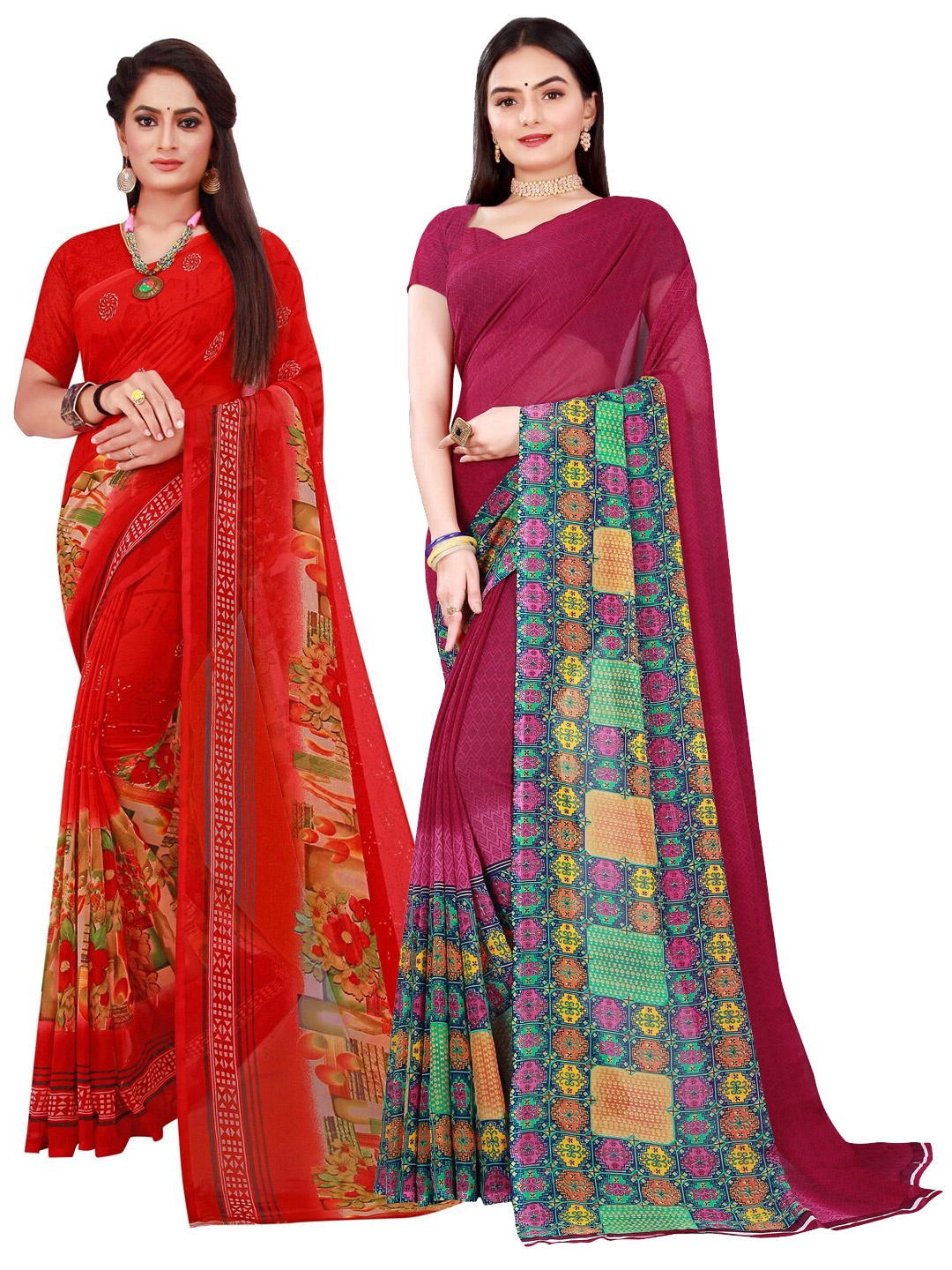 

KALINI Red & Burgundy Set of 2 Floral Printed Pure Georgette Saree