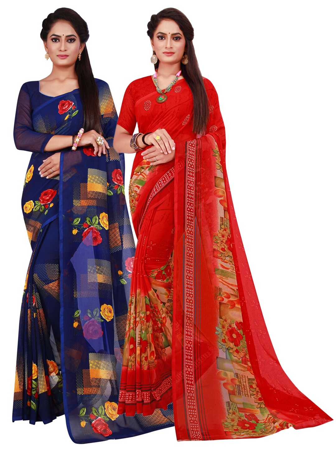 

KALINI Pack of 2 Red & Navy Blue Floral Pure Georgette Sarees